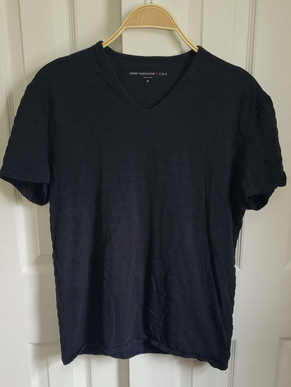 John Varvatos Black Cotton Textured Striped V-Neck Short Sleeve Tee, Medium